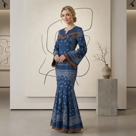 Denim Bandana Print Mermaid Maxi Dress – Fringe Trim Bell Sleeves